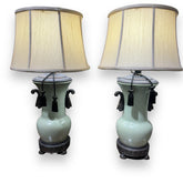 Pair of Sedgefield Celadon Glazed Asian Urn Lamps by Adams 29" tlall
