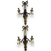 Pair of French Louis XVI Style Gilt Brass Cherub Wall Sconces w/ Crystal Drops 12Lx6Wx22H