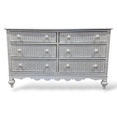 Lexington Coastal Distressed White Wood Wicker 6 Drawer Dresser & Pair of 2 Drawer Nightstands Made in USA