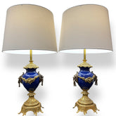 Brevettato Vintage Italian Gilt Brass & Cobalt Blue Porcelain Lamps w/ Lion Knockers 25" tall (pair)