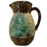 Antique Majolica Glazed Brown w/ Leaf Design Pitcher Circa 1880 "as is" 5Hx4W