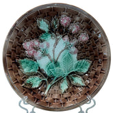 Antique Majolica Basket Weave Berries w/ Pink Flowers Plate 8" D