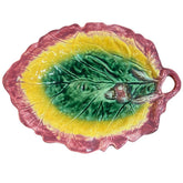 Antique Majolica Yellow & Pink Leaf Dish w/ Acorns 12Lx9.5W