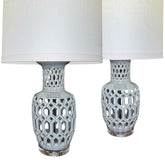 Pair of Regency Glazed Ceramic Urn Lamps w/ Crystal Base & Linen Shades 29"H