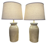Pair of Glazed Terra-cotta Pottery Lidded Jar Lamps w/ Shades 30" tall