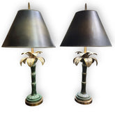 Pair of Gold & Green Palm Tree Table Lamps w/ Black/Gold Shades 33" tall