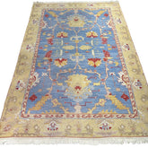 Hand Knotted Soumak Luxury Wool Rug Provincial Blue/Golden Yellow Reversible 9'6"Lx6'2"W