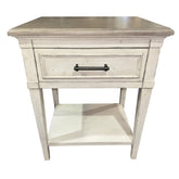Bassett Bella Aged Whitestone Bedside Table Nightstand w/ Powerstrip Outlet 24” L x 19” W x 29.5” H
