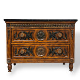 Carved Wood Two-Drawer Chest / Console / Nightstand w/ Black Marble Top 48Lx20Wx35H