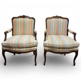 Pair of French Louis XV Style Carved Walnut Fauteuil Armchairs w/ Coastal Striped Upholstery