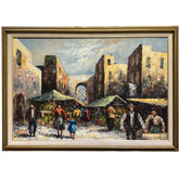 Impressionist Street Market Scene w/ Townspeople Shopping Beneath City Arched Gateways and Buildings by Listed Artist Burnett 41Lx29H