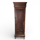 Antique Rustic European Wooden Cabinet w/ Paneled Doors Antique Circa 1890 Belgian Gothic Revival Narrow Chimney Cupboard w/ Hand-Carved Oak Panels & Ogge Bracket Feet 22.5Lx20.5Wx68.5H