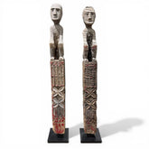 Antique Flores Ana Deo Ancestor Figures, Hand-Carved Wood with Traces of Original Red Pigment. Powerful Guardian Forms with Honest Age and Patina. Rare Tribal Pair Mounted on Iron Base for the Discerning Collector (3Lx3Wx19.5H each piece)