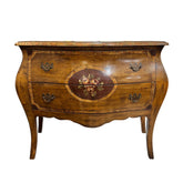 Hekman Hand-Painted Burlwood Bombay Commode In Louis XV Style, Shaped Front, Inlaid Top, Floral Medallion, Cabriole Legs, Brass Pulls, Made in Italy 43L×20W×34H.