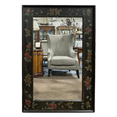 Hand-Painted Black Wood Mirror w/ Floral Vine Motif w/ Red & Gold Flowers and Green Leaves 48Lx32H