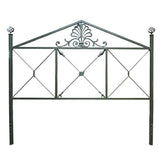 Green Metal Queen Headboard, Decorative Scrollwork w/ Center Medallion and Finials. Hollow Metal Construction, Painted Finish.