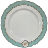 Levy Freres French Embroidered Porcelain Dinner Plates White, Teal & Gold Set of 8 9.5Lx9.5Wx1H