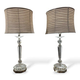 Pair of Frederick Cooper Crystal Lamps w/ Original Taupe Silk Banded Shades on Polished Chrome Base 14Lx14Wx29H