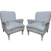 Pair of Blue-and-White Stripe Accent Chairs w/ Whitewash Wooden Legs 29Lx30Wx36H