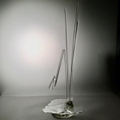 "Serenity Prevails" Blown Art Glass Sculpture of A Damselfly on Tall Grasses Surrounded in Sparkling Water 8Lx8Wx21H