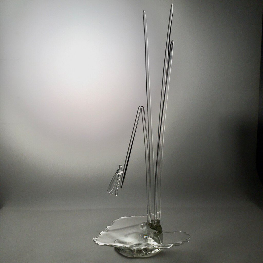 "Serenity Prevails" Blown Art Glass Sculpture of A Damselfly on Tall Grasses Surrounded in Sparkling Water 8Lx8Wx21H