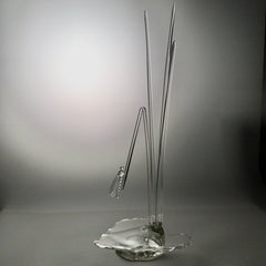 "Serenity Prevails" Blown Art Glass Sculpture of A Damselfly on Tall Grasses Surrounded in Sparkling Water 8Lx8Wx21H
