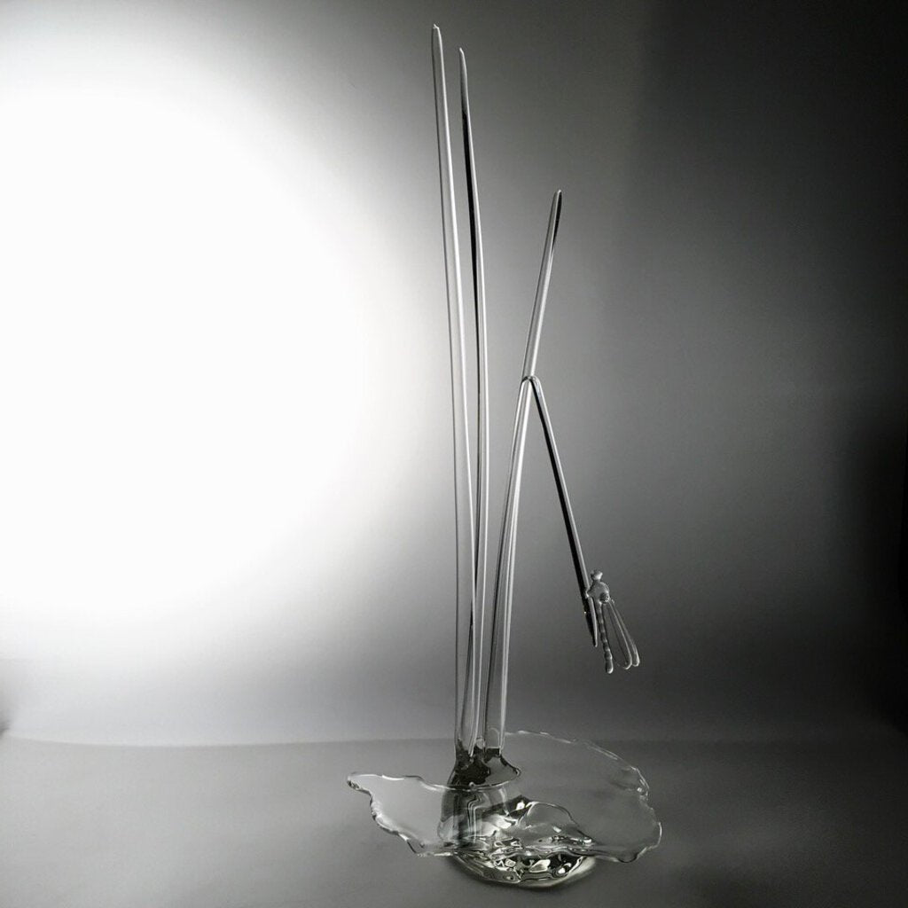 "Serenity Prevails" Blown Art Glass Sculpture of A Damselfly on Tall Grasses Surrounded in Sparkling Water 8Lx8Wx21H