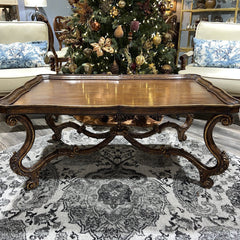 MAITLAND SMITH Italian Rococo Style Carved Walnut Coffee Table w/ Hand-Painted Gold Leaf 48Lx32Wx21H