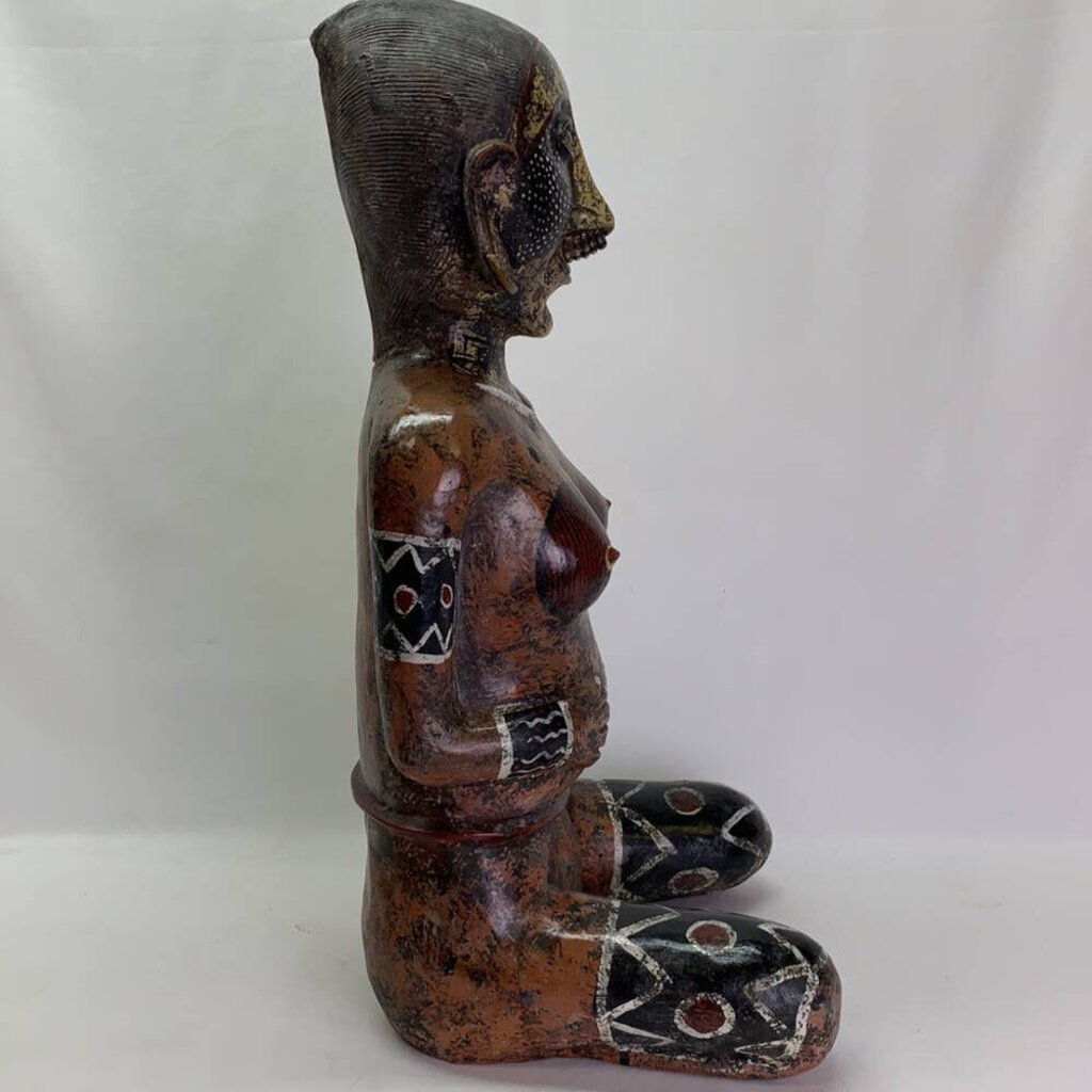 Mesoamerican Aztec Hand-painted Nude Female Kneeling Fertility Terracotta Statue 25 inches tall. Stunning & Heavy Piece. Old Piece, Repair on leg.