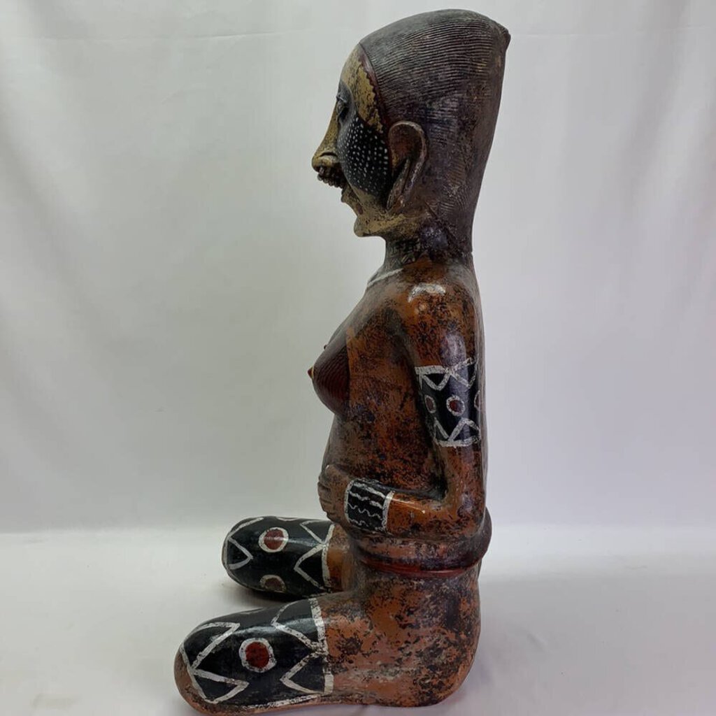Mesoamerican Aztec Hand-painted Nude Female Kneeling Fertility Terracotta Statue 25 inches tall. Stunning & Heavy Piece. Old Piece, Repair on leg.