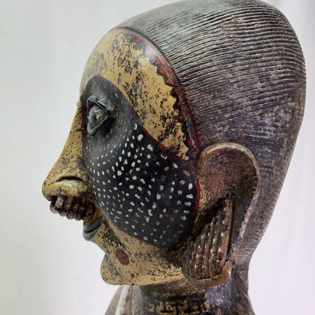 Mesoamerican Aztec Hand-painted Nude Female Kneeling Fertility Terracotta Statue 25 inches tall. Stunning & Heavy Piece. Old Piece, Repair on leg.