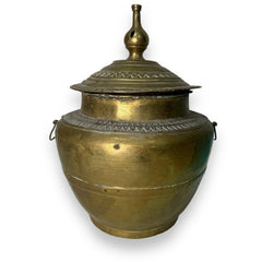 Antique Moroccan Brass Lidded Pot w/ Triangular Motifs 10Wx13H