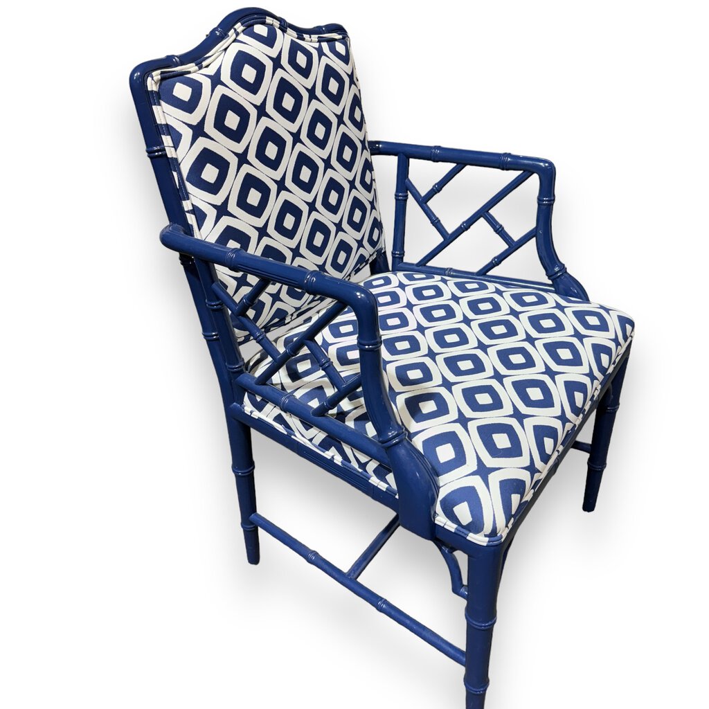 Blue Lacquered Chinoiserie Chippendale Chair w/ Blue & White Upholstery & Back Cushion 37Hx24W