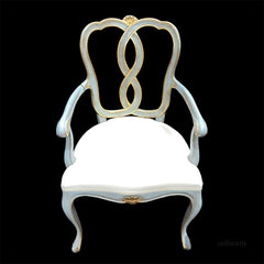Pair of NEW Serdiana Carved Wood Arm Chairs w/ Lacquered Antiqued Grey Finish & Gold-leaf Accents w/ White Muslin Upholstery Handmade in Italy by: Decorative Crafts (retail new: $4,300 each)