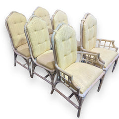 1970s Vintage Henry Link Whitewash Rattan Bamboo Dining Chairs- Set of 6 w/ Removable Back Cushions