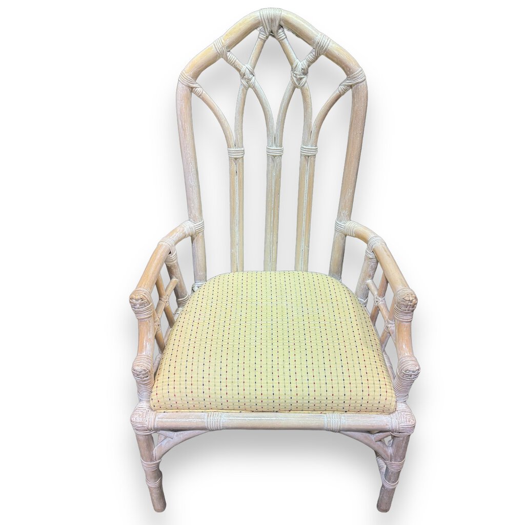 1970s Vintage Henry Link Whitewash Rattan Bamboo Dining Chairs- Set of 6 w/ Removable Back Cushions