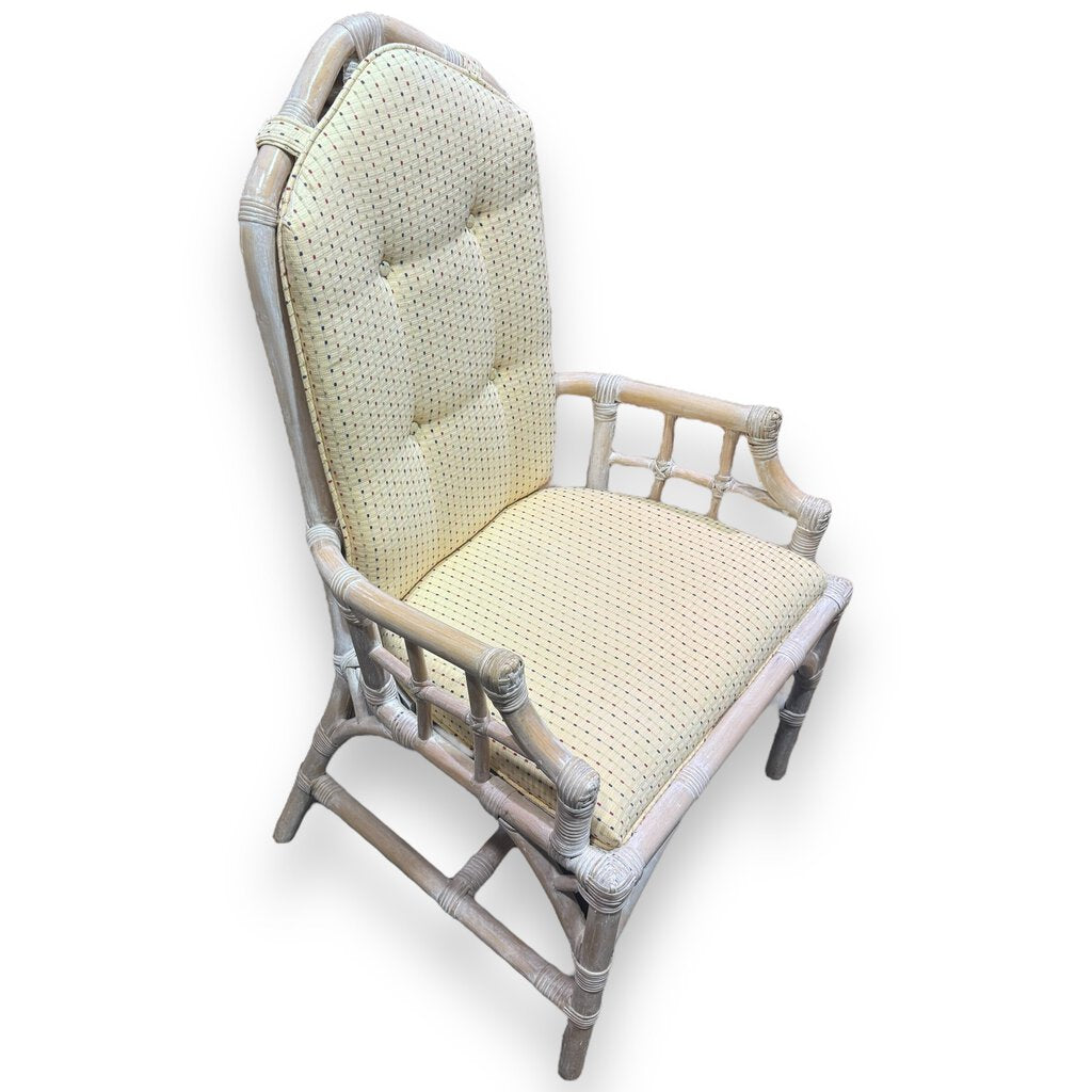 1970s Vintage Henry Link Whitewash Rattan Bamboo Dining Chairs- Set of 6 w/ Removable Back Cushions