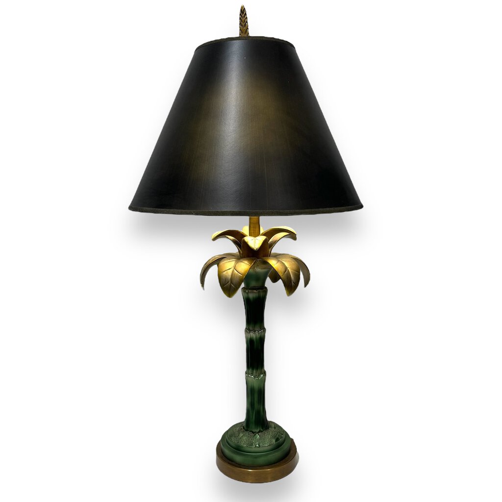 Pair of Gold & Green Palm Tree Table Lamps w/ Black/Gold Shades 33" tall