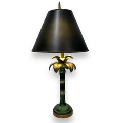Pair of Gold & Green Palm Tree Table Lamps w/ Black/Gold Shades 33" tall