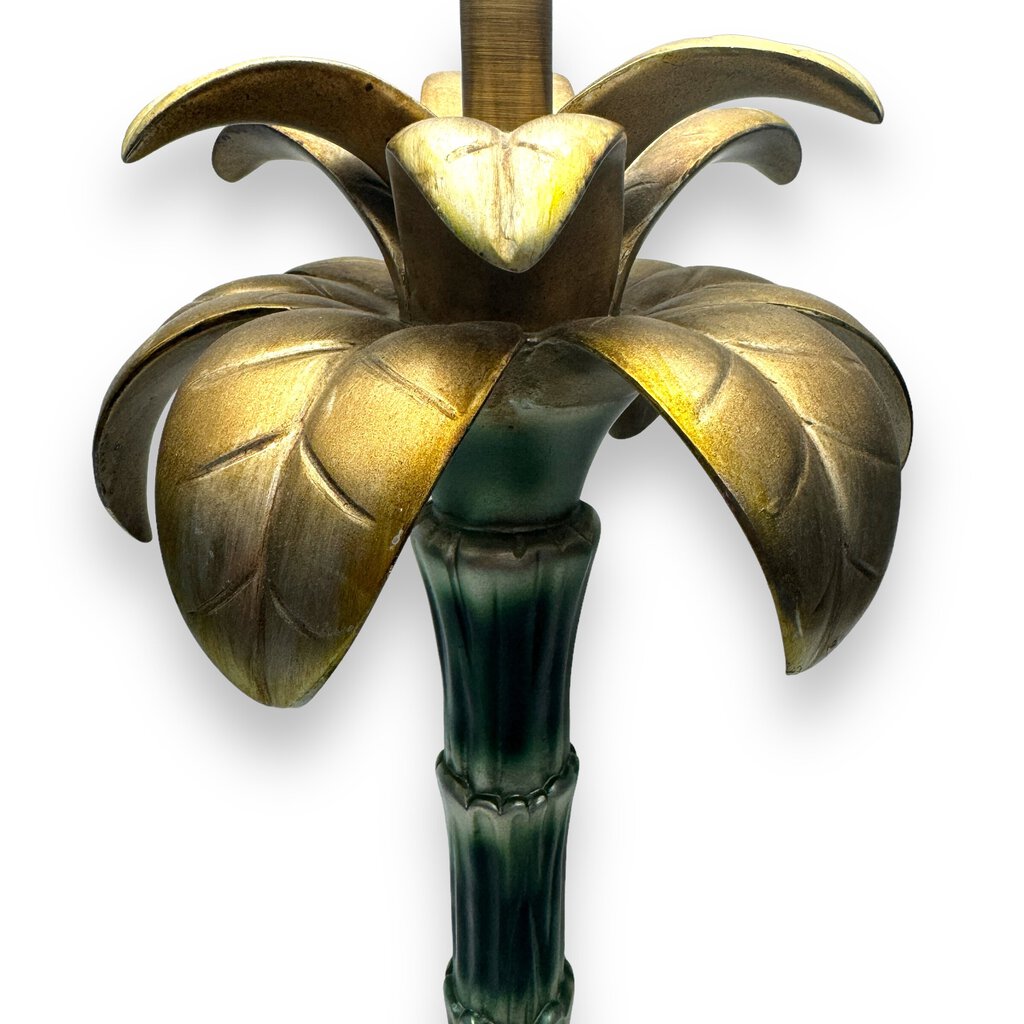 Pair of Gold & Green Palm Tree Table Lamps w/ Black/Gold Shades 33" tall