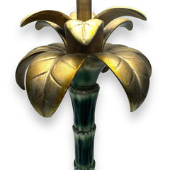 Pair of Gold & Green Palm Tree Table Lamps w/ Black/Gold Shades 33" tall