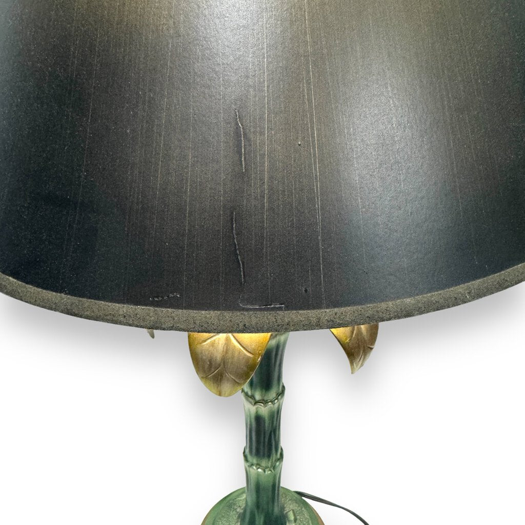 Pair of Gold & Green Palm Tree Table Lamps w/ Black/Gold Shades 33" tall
