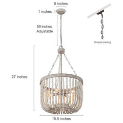 4 Light French Country Distressed Gray & White Beaded Chandelier 15.5Wx27H