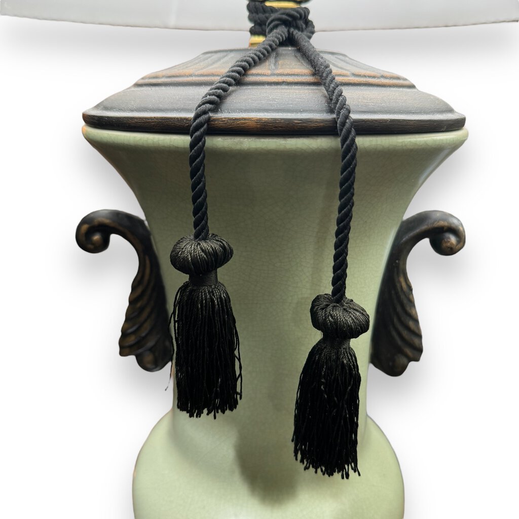 Pair of Sedgefield Celadon Glazed Asian Urn Lamps by Adams 29" tlall