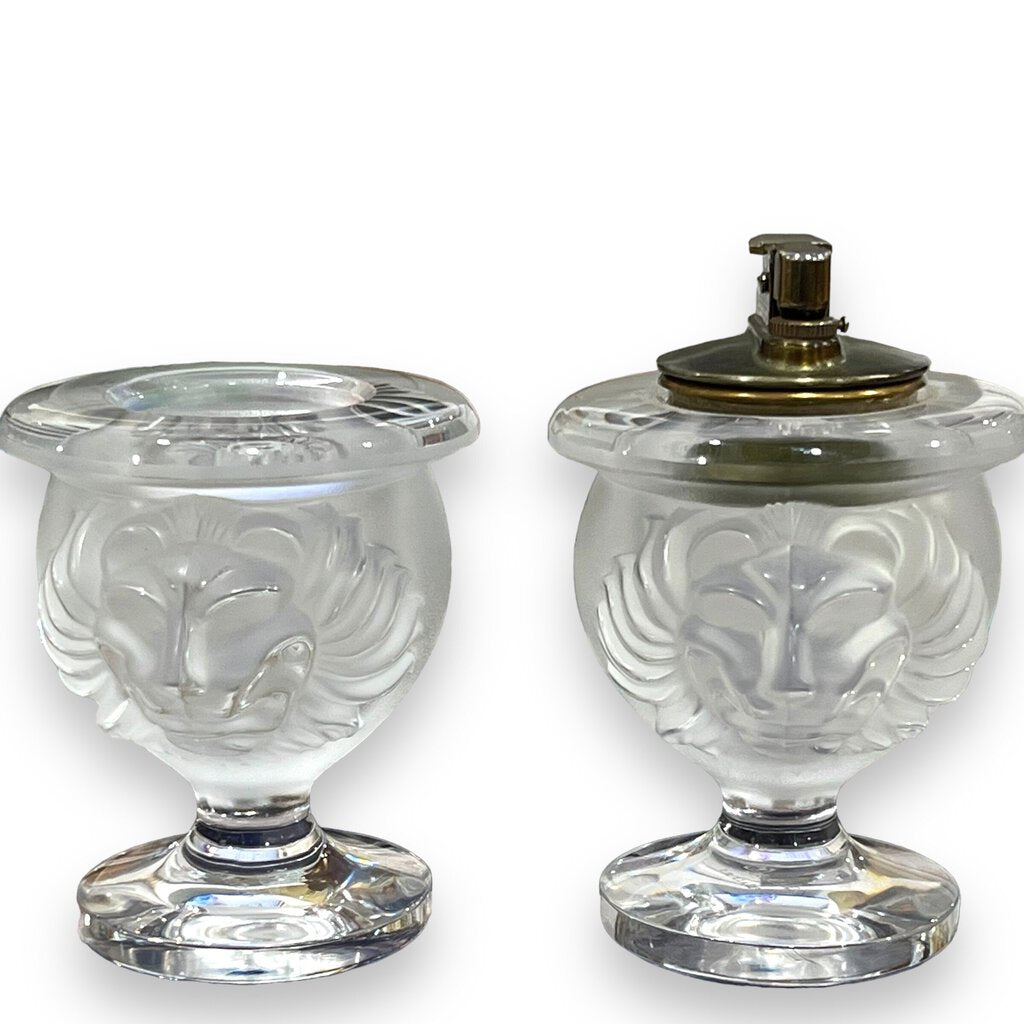 Lalique1970's Crystal Lions Smoker Set w/ Lighter and Cigarette Holder 5" tall