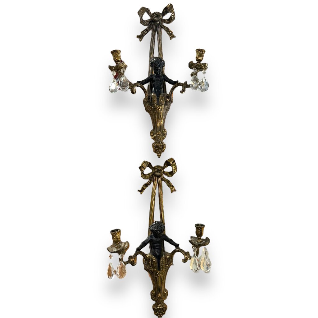 Pair of French Louis XVI Style Gilt Brass Cherub Wall Sconces w/ Crystal Drops 12Lx6Wx22H