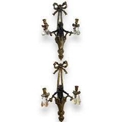 Pair of French Louis XVI Style Gilt Brass Cherub Wall Sconces w/ Crystal Drops 12Lx6Wx22H