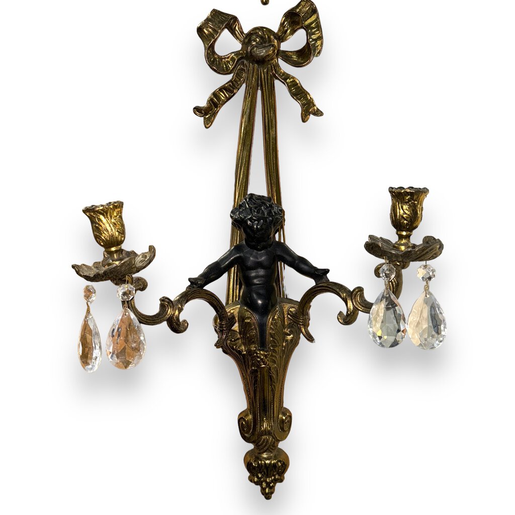 Pair of French Louis XVI Style Gilt Brass Cherub Wall Sconces w/ Crystal Drops 12Lx6Wx22H