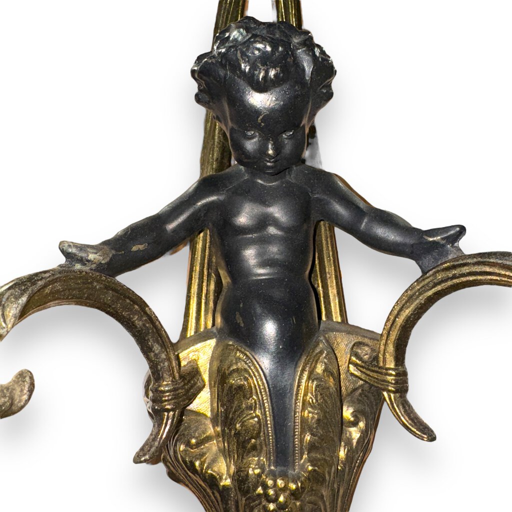 Pair of French Louis XVI Style Gilt Brass Cherub Wall Sconces w/ Crystal Drops 12Lx6Wx22H