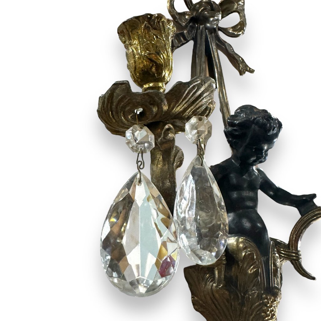 Pair of French Louis XVI Style Gilt Brass Cherub Wall Sconces w/ Crystal Drops 12Lx6Wx22H